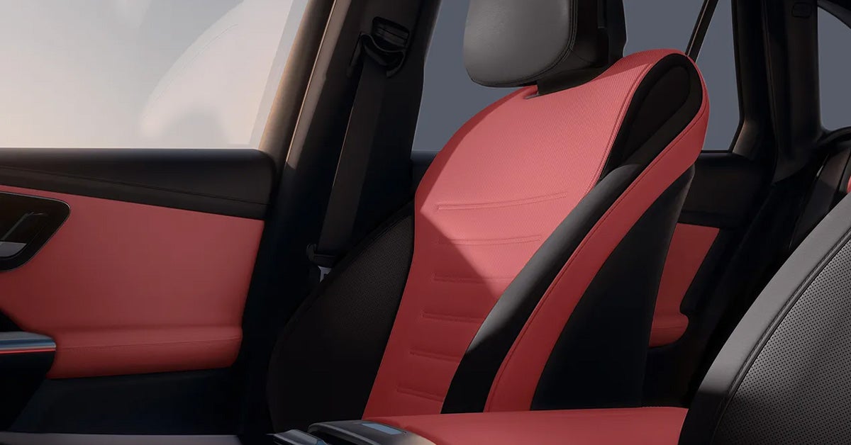 2026 Mercedes Benz GLC featuring two-tone coral-red and black leather seats